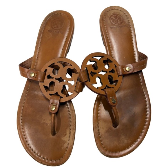 Tory Burch Shoes - Tory Burch Miller Sandals Tan Leather Thong Flat Logo Medallion Brown Womens